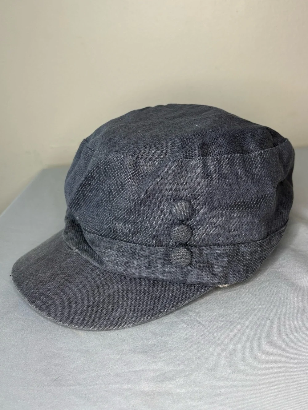 Vintage Grey Military Cap with Button Detail